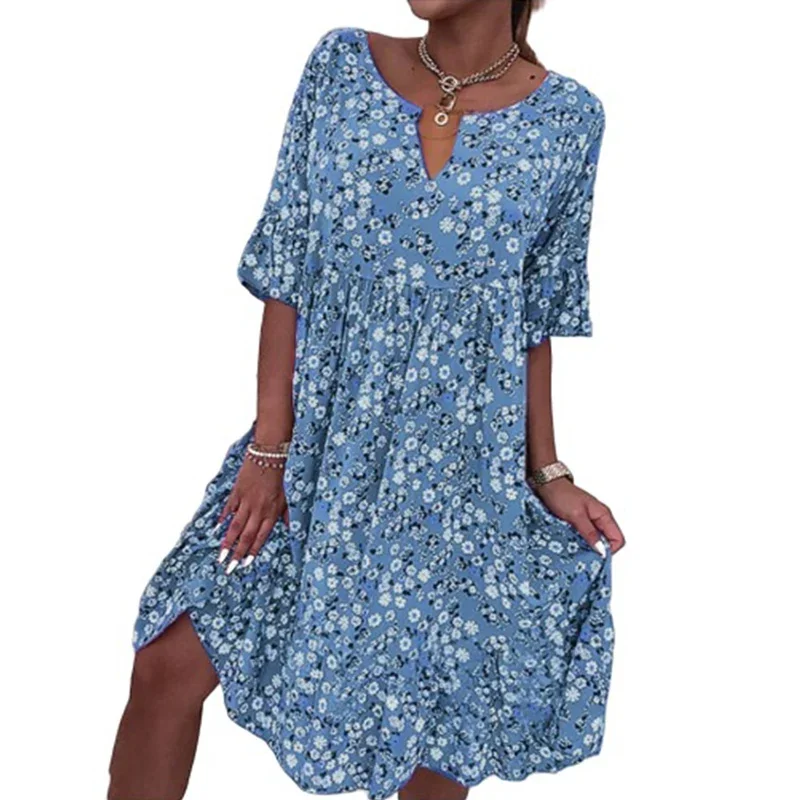 

Women's Rustic Style Sweet Half Sleeve Dresses Pleated Splicing Large Hem Dressy Female Summer Flower Print V Neck Pullover Gown