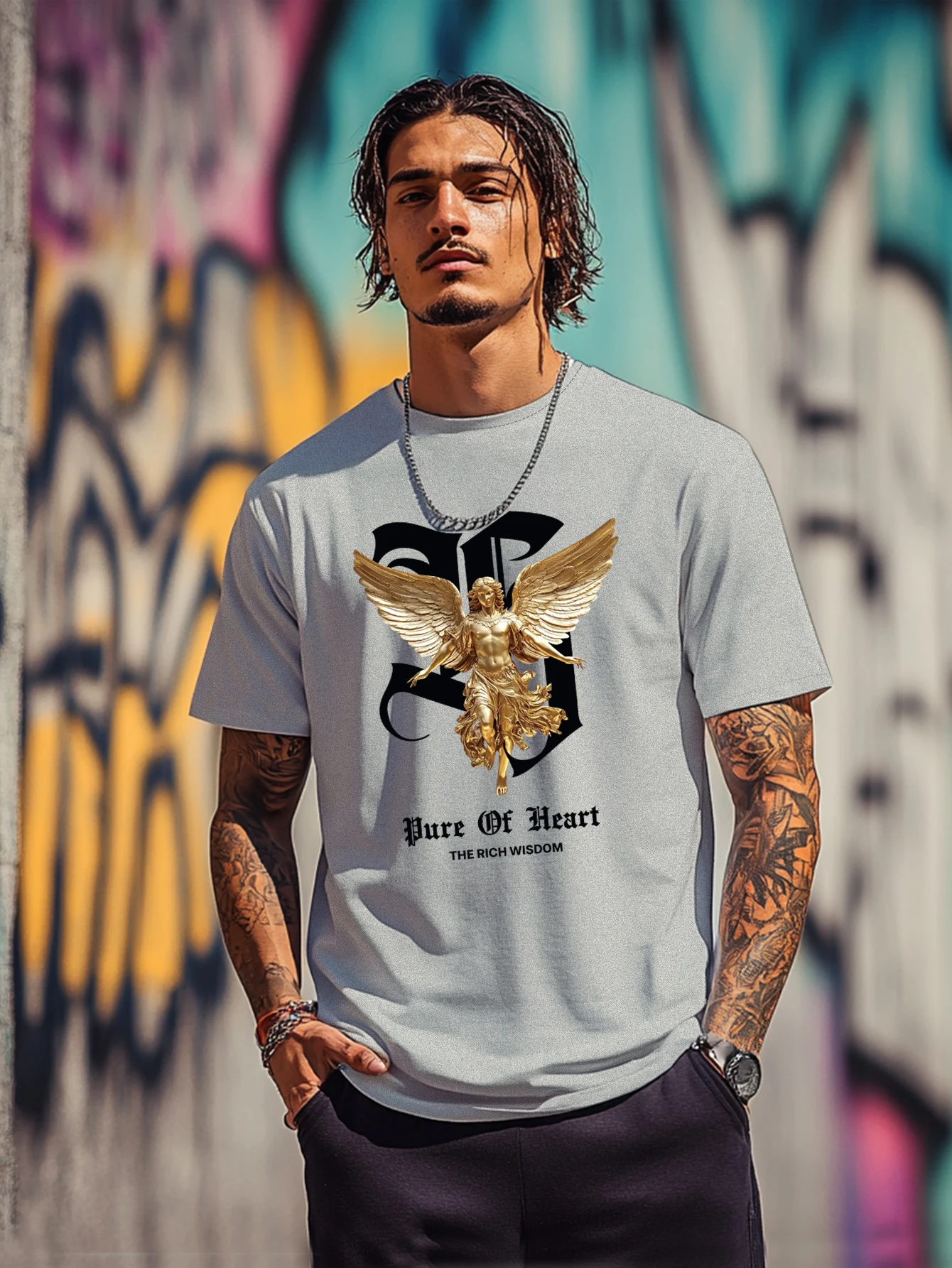 

Golden Saint Fighter Angel Pattern Summer Men's T-Shirt Print Comfortable Casual Summer Round Neck Loose Short Sleeve Stretch