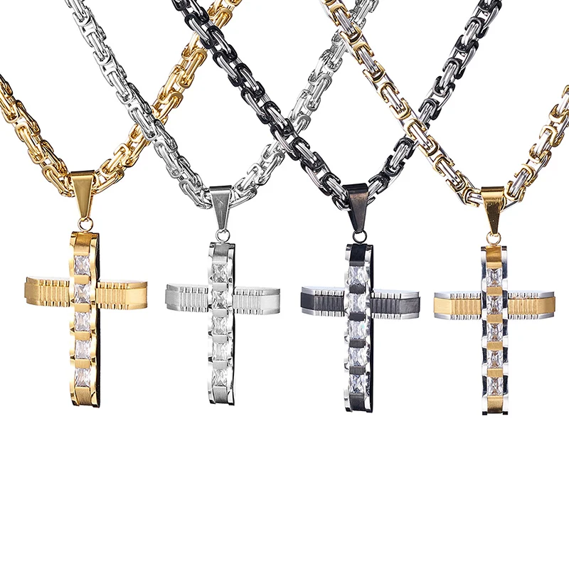 Hip Hop Rock Titanium Stainless Steel Byzantium link chain Necklaces Bling Iced Out CZ Cross Pendants for Men Rapper Jewelry