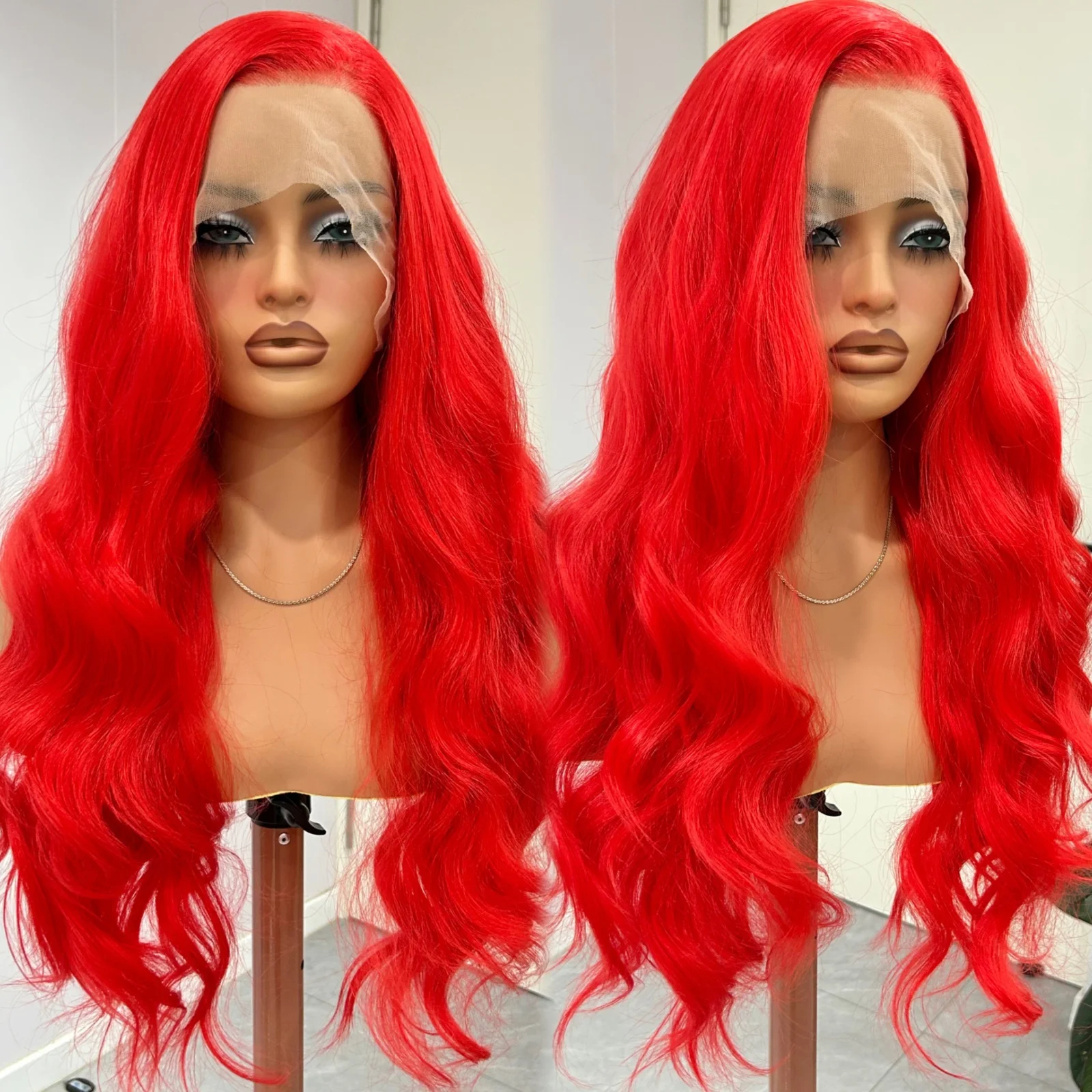 

Hot Red Body Wave Synthetic Lace Front Wigs for Women Free Part Long Curly Wavy Glueless 13X4 Daily Party Cosplay Costume Wig
