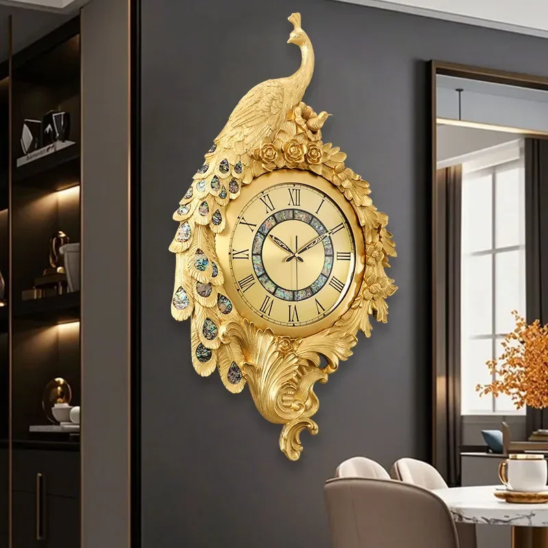 European clock wall living room light luxury brass peacock home creative wall high-end villa large quartz