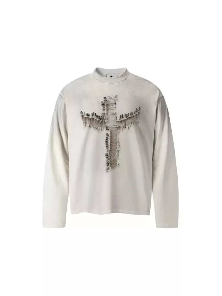Distressed Retro Long Sleeve Tops For Man American Style High Street Dirty Cross Pin Printing Short Loose Tops