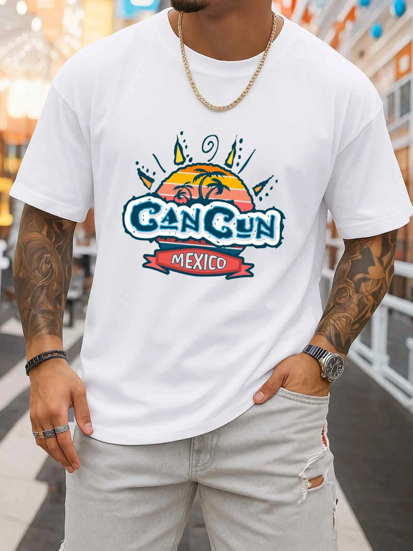 Mexico Cancun Sunset Theme Men's Comfortable Color T-Shirt White Summer Elegant Fashion Outerwear Summer Outdoor Activities Casual Wear Daily Sportswear Father's Day Gift Choice