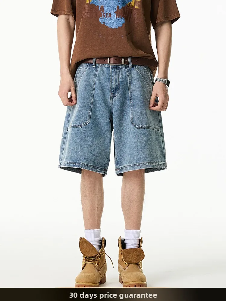 

Retro American Waed Patch Design Jeans orts Men Summer Street Straight Leg Workwear Five-Quarter Cotton Blend Casual Trou...