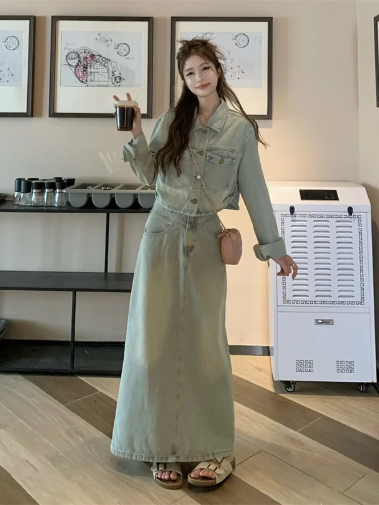 

plus Size Neck Long Sleeve Denim Jacket High Waist Slimming Skirt Set Women's Spring Fashion Casual Style Two-Piece Suit