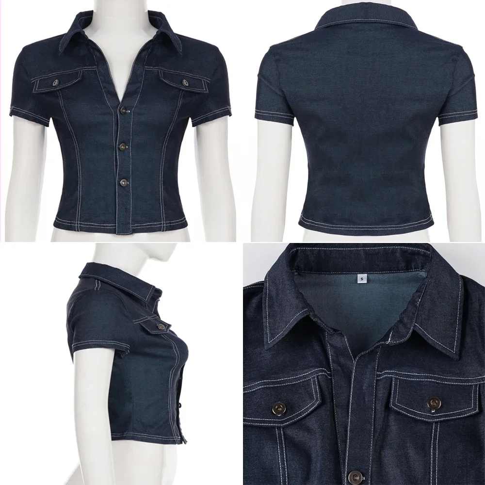 Tops Retro de cintura alta para mujer, cárdigan Sexy con solapa y una botonadura, Tops vaqueros, camiseta de fiesta Y2k para chicas calientes