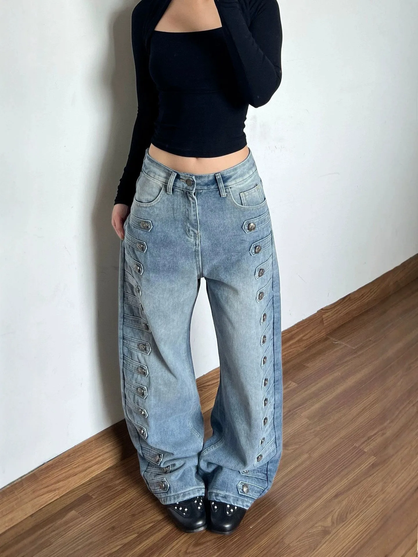 High Waist Wide Leg American Style Double Button Denim Jeans Women's Autumn New Design Napoleon Sense Trousers Casual Wear