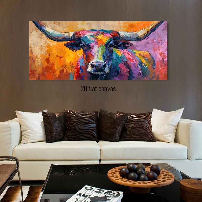 1pc (No frame),1 abstract colored bull canvas decorative painting, living room foyer, bedroom, home, frameless painting, 2D plan