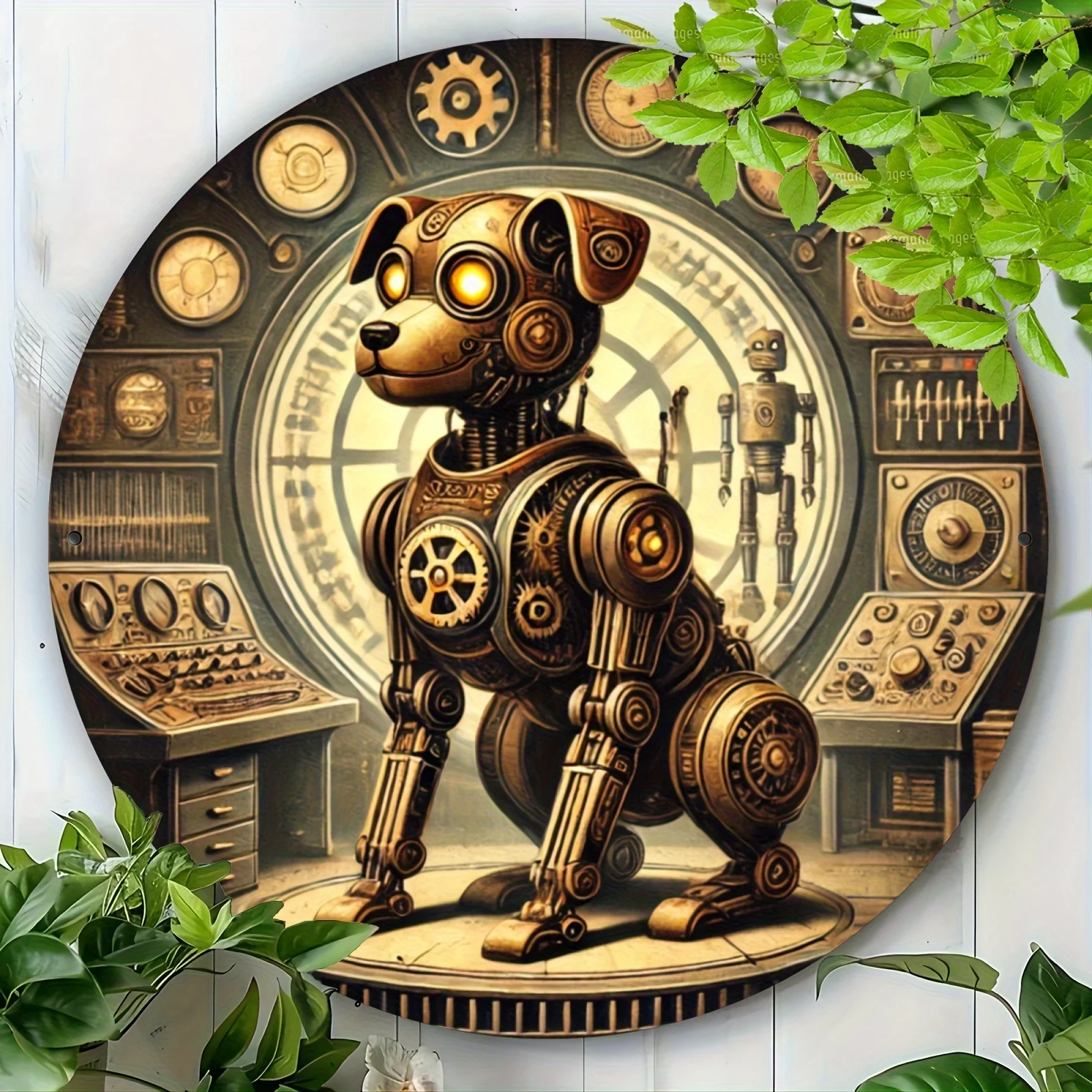 1PC 7.87x7.87inch Steampunk Robot Dog Aluminum Metal Sign Foil Engraving Wall Art Decor for Bar Cafe Kitchen