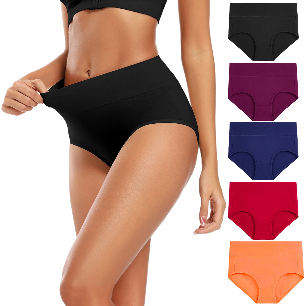 High Waist Stretch Cotton Briefs Full Coverage No Roll Seamless 2-Layer Crotch Tummy Support Postpartum C-Section 5 Pack S-5XL