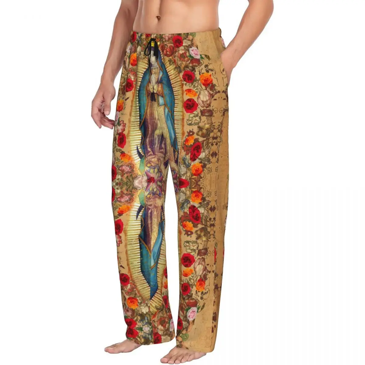 Custom Our Lady Of Guadalupe Virgin Mary Pajama Pants for Catholic Mexico Poster Sleepwear Lounge Sleep Bottoms Stretch Pockets