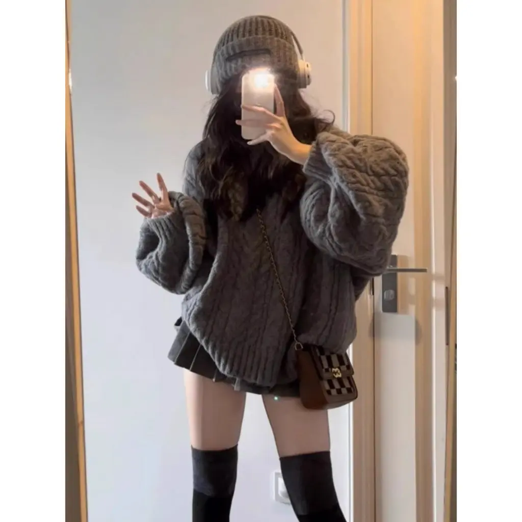 

Loose Thickened Grey Twist Knitted Sweater V-Neck Lazy Style Retro Women's Autumn Winter Outerwear Versatile Student Fashion