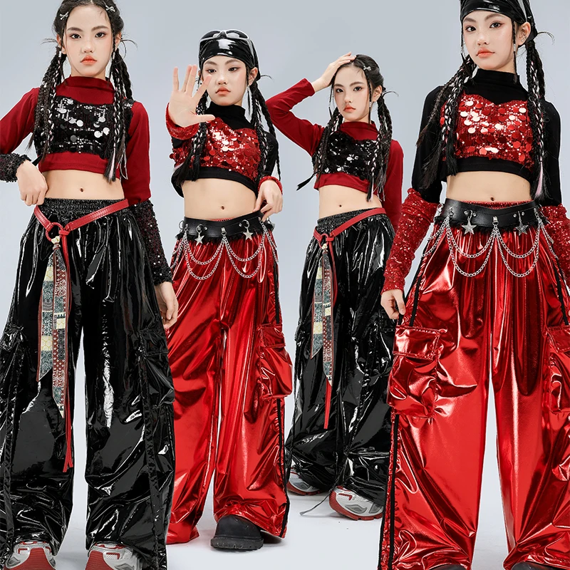 Girls Streetwear Sparkly Crop Top Sequined Pants Child Hip Hop Modern Dancing Clothes Sets Kids Cool Street Dance Jazz Costume