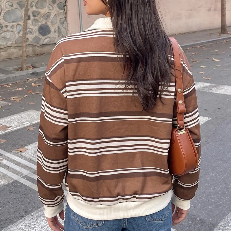 Women's Retro Oversized Striped Color Block Polo Neck Sweatshirt Streetwear Women T Shirts And Polos Top Brown And Cream Button