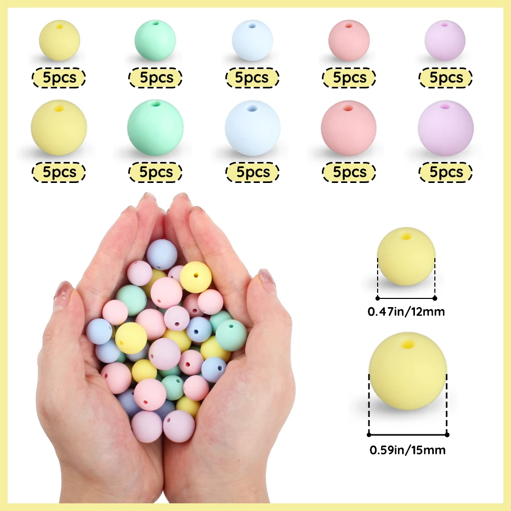 

50pcs/lot Silicone Beads 12MM 15MM Baby Round Teething Beads Set Chewable Teether For Jewelry Making DIY Keychain Accessories