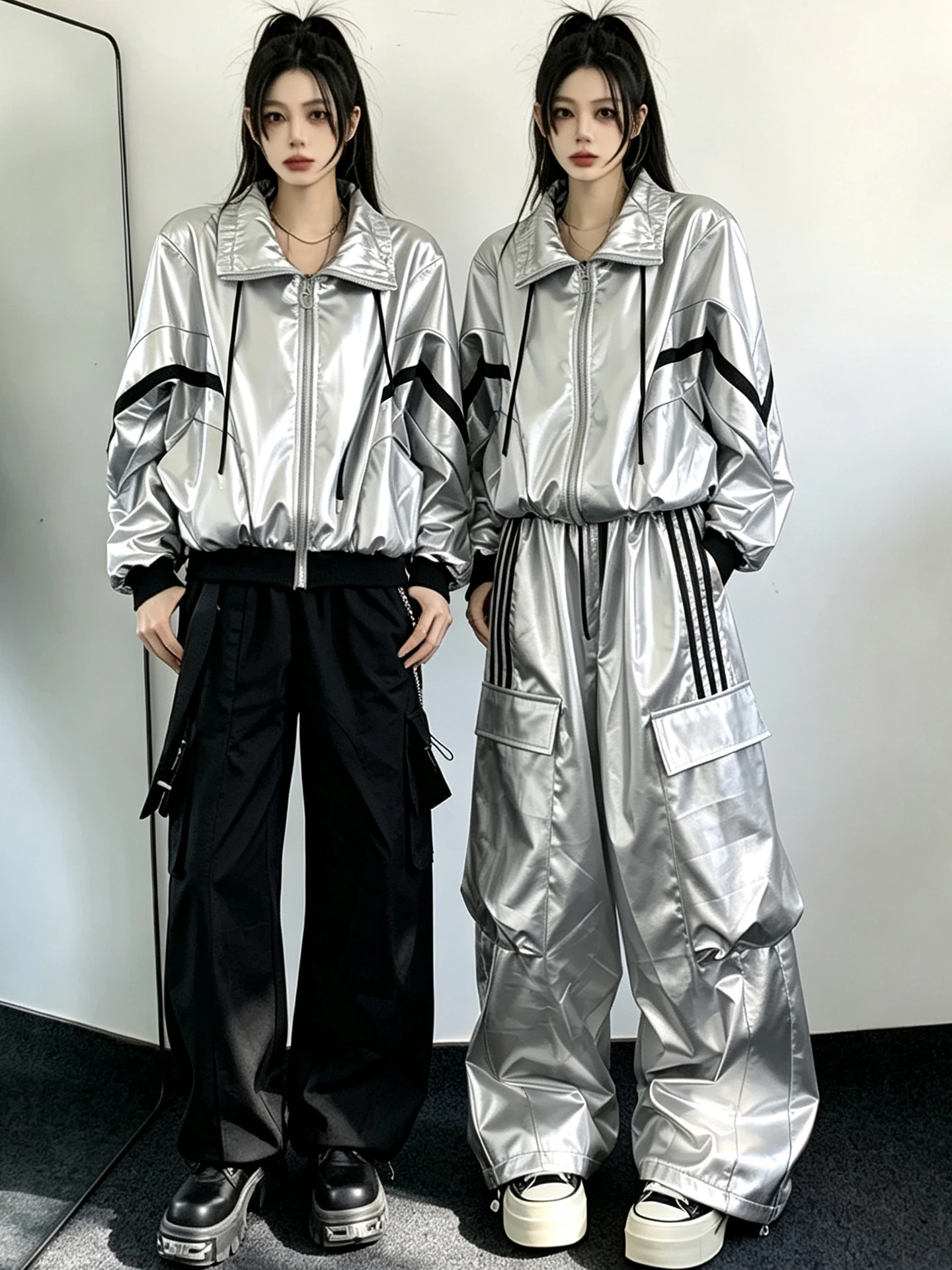  Style Silver Long Sleeve Short Hoodie Dance Performance Jazz Street Dance Suit Technological Feel Women's Clothing