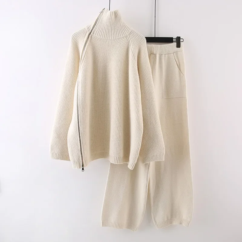 

Knitted Two Piece Set Women Casual Solid Loose Autumn Winter Matching Sets Zipper Top Elastic Waiste Wide Leg Pants Set Sweater