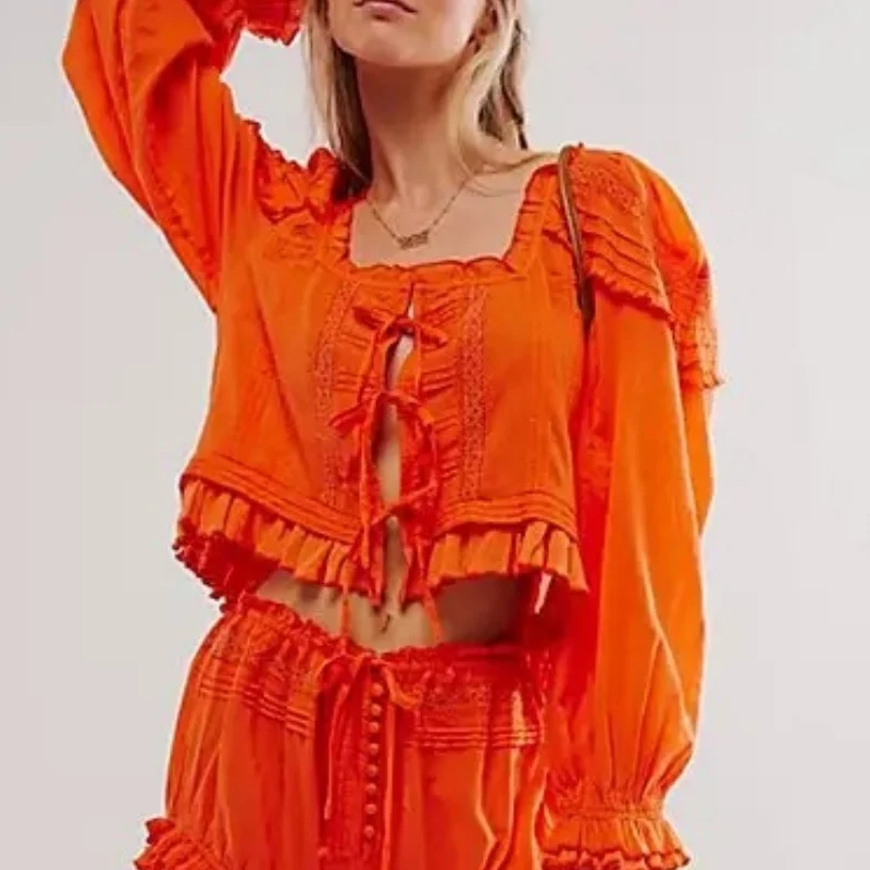 Women Long Puff Sleeve Front Tie Up Lace Trim Blouse Crop Tops Frees Y2k Button Down Ruffle Hem Peplum Shirts Going Out Cardigan
