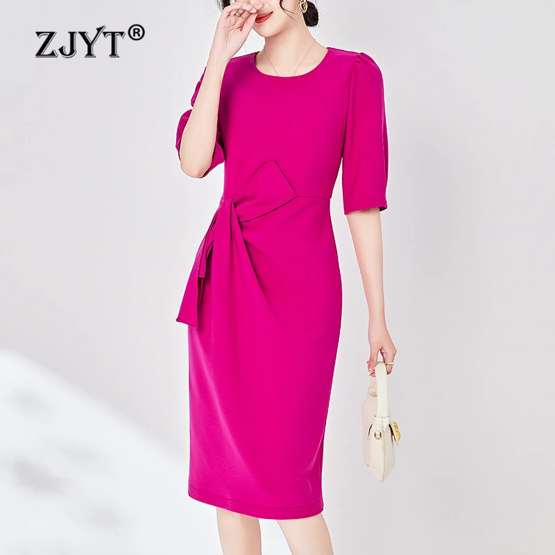 

ZJYT Fashion Simple Summer Dresses for Women Elegant Bowknot Half Sleeve Party Dress Rose Red Black Vestidos Feminino 2024 Robe