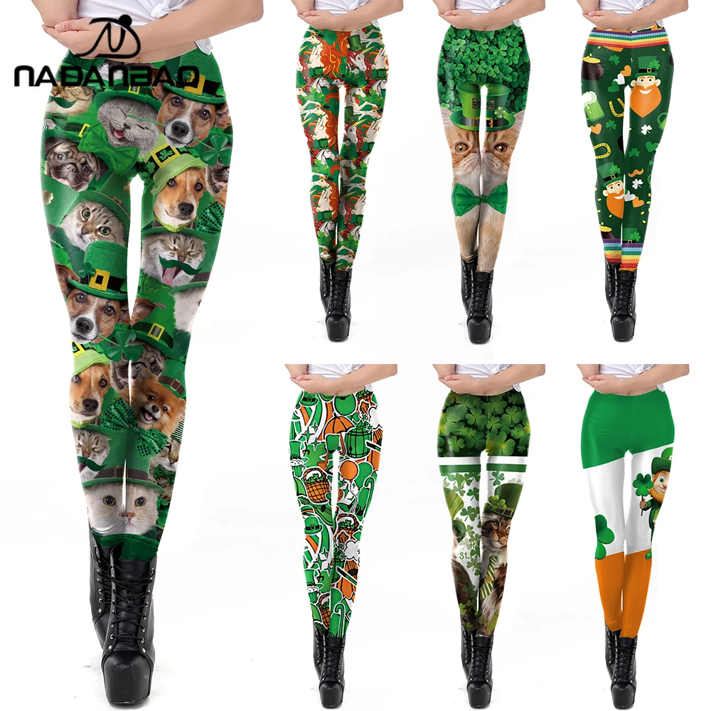 Legginsy damskie Nadanbao z uroczym nadrukiem zwierząt i koniczyny, spodnie z motywem skrzatów, śmieszne rajstopy na Dzień Świętego Patryka, spodnie codzienne.