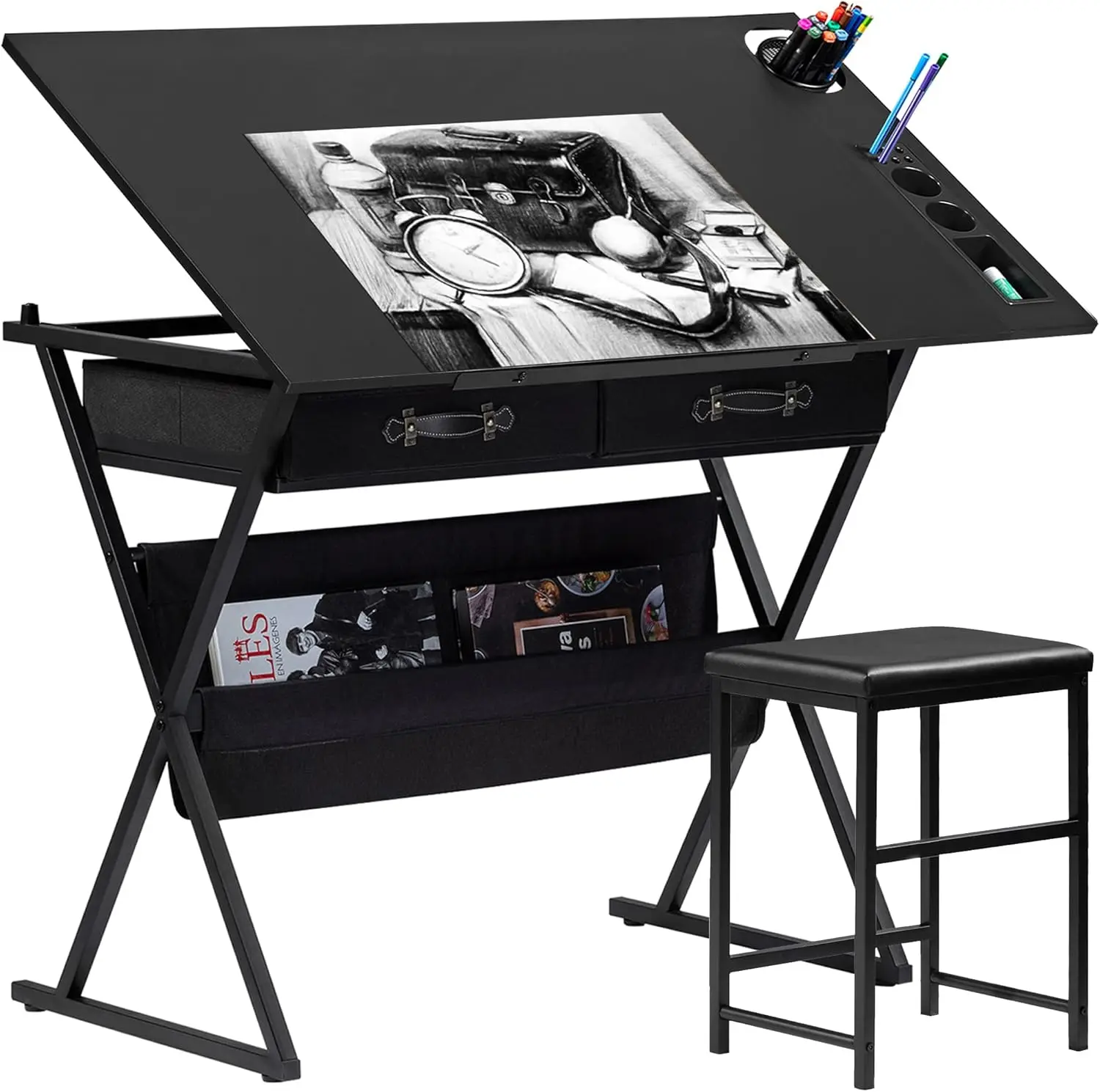 Drafting Table Art Desk Art Table Adjustable Drawing Table Tilted Tabletop with 2 Storage Drawers and Stool, Drawing Desk for Artist Painters Drawing, Crafting, Reading, Writing, Black