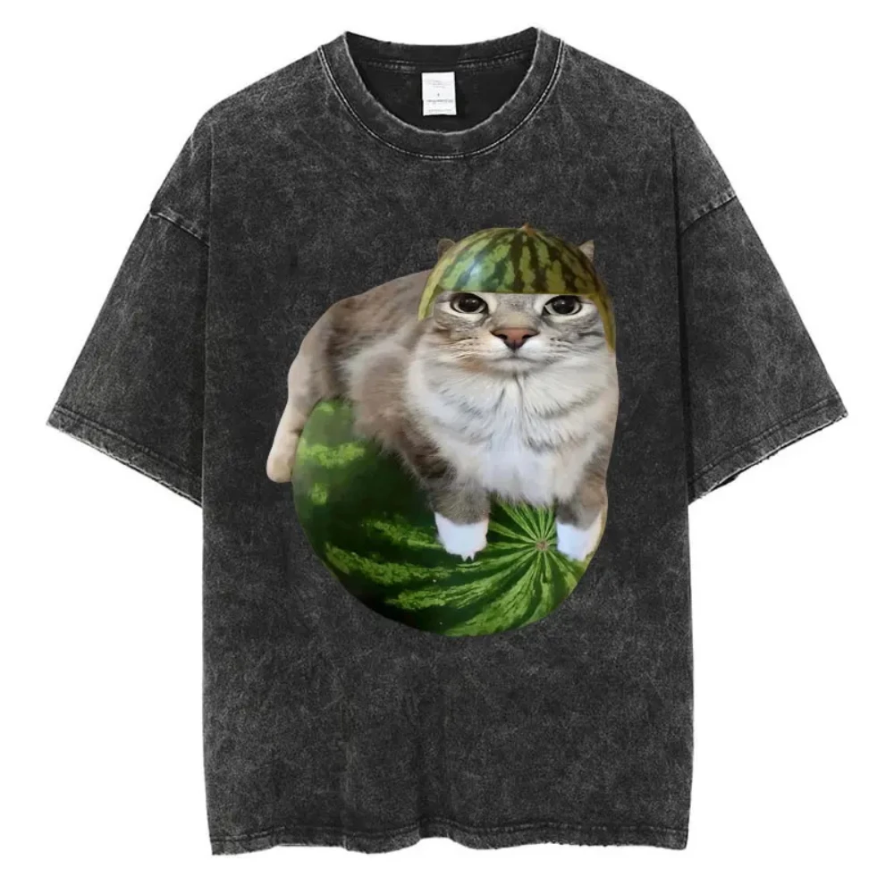 Retro Washed Funny Online Meme Cats Graphic Short Sleeve T Shirt Men Women Casual Unisex Soft Breathable Streetwear Fashion Tees