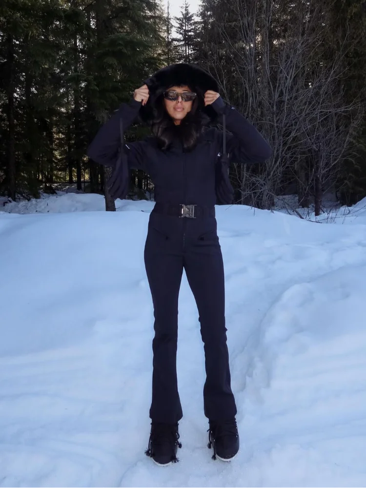 

Hooded Solid Women Skiwear Warm Long Sleeve Zipper Pockets Faux Fur One-piece Belt Tracksuit Fashion Female Sport Clothing 2026