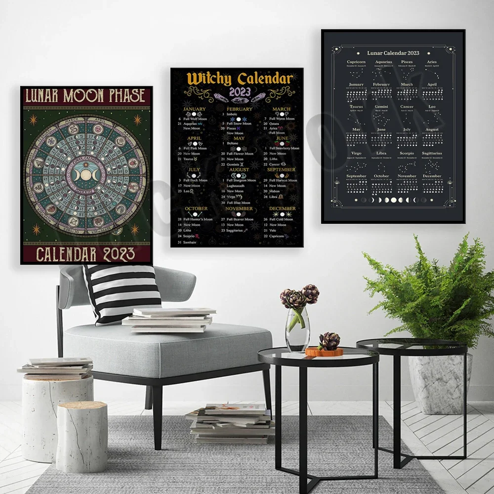 Witchy Calendar 2023 Poster, 2023 Full Moon Calendar Canvas Painting Wall Art, Moon Phases Art Print, New Year Gift