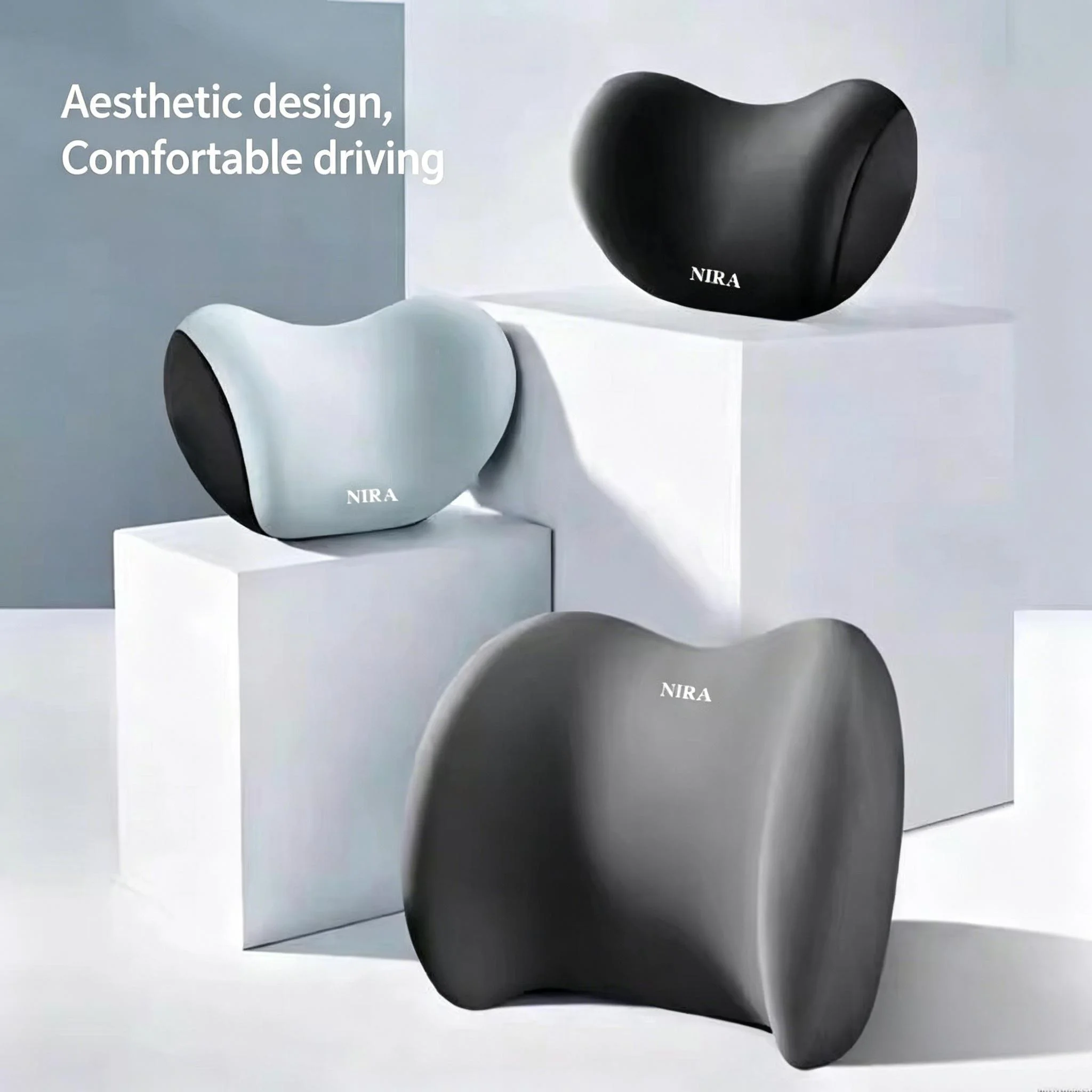 Memory Foam Car Neck Pillow Lumbar Support Cushion 2Pcs Set Ergonomic Headrest Waist Backrest for Auto Seat Office Chair Black