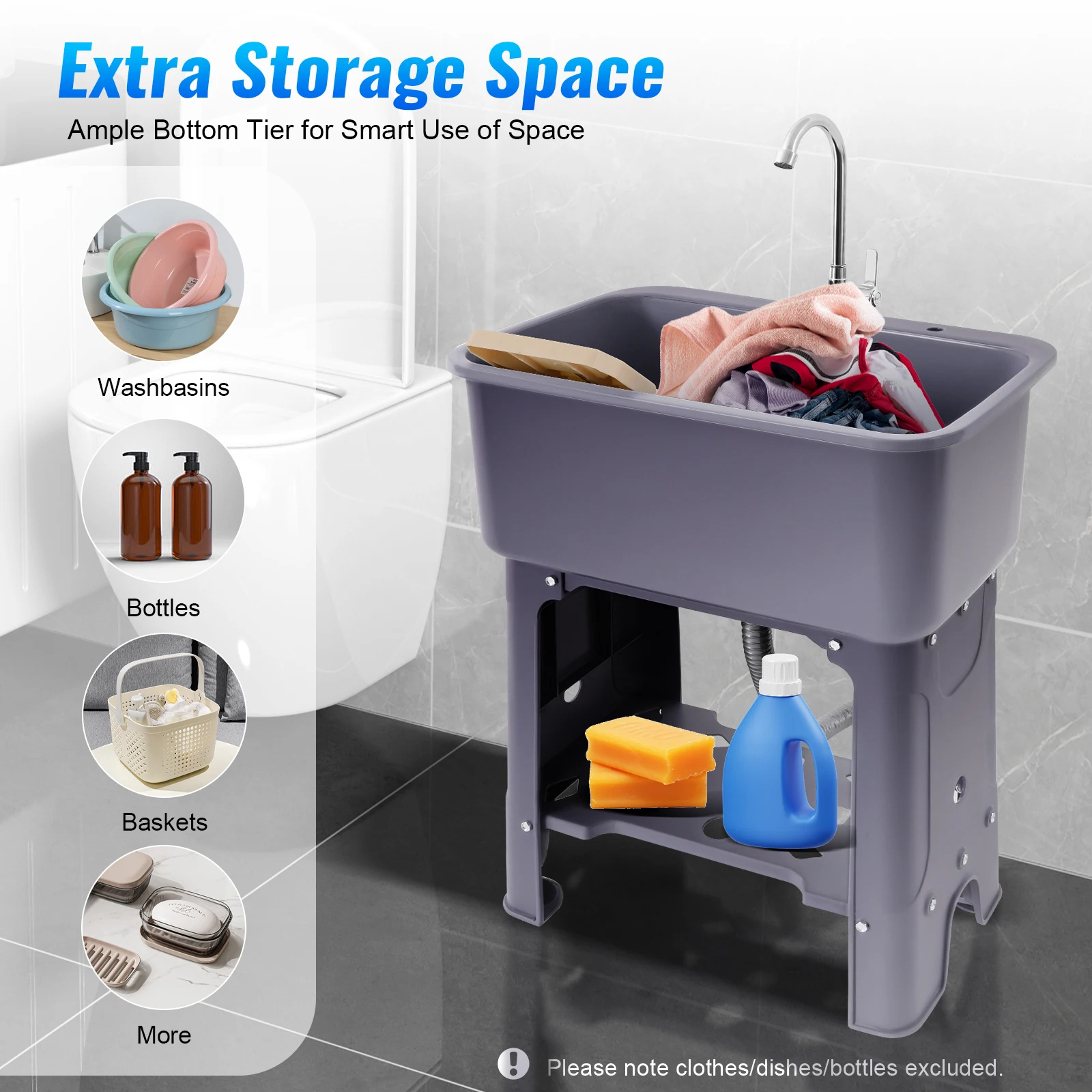 حوض المرافق مع 360 °   صنبور، حوض غسيل بسعة كبيرة 48 لتر لتنظيف جراج المطبخ، حوض PP قائم بذاته مع لوح غسيل