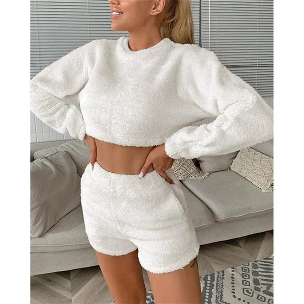 2 Pieces Sets Sexy Fluffy Pajamas Set Velvet Plush Pullover Sleepwear Women Long Sleeve Crop Top + Shorts Casual Autumn Homesuit