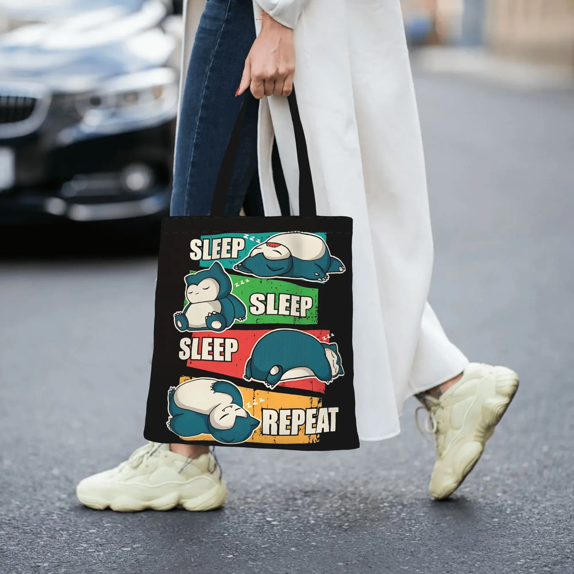 Customized Pokemon Women's Bag Campus Handbag Large Capacity I Need Sleep Canvas Tote Bag Foldable Chic Pattern