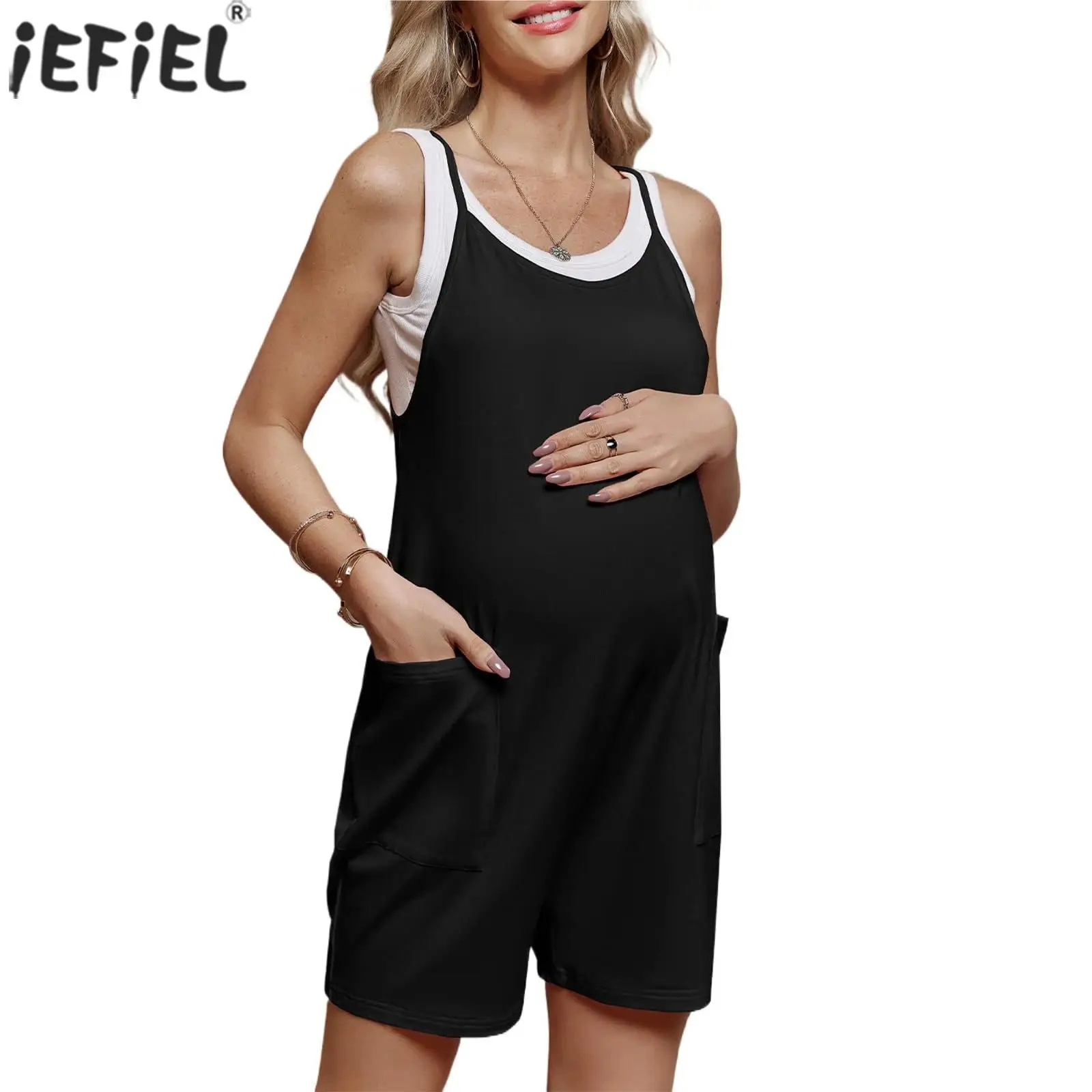 

Maternity Overalls Shorts Sleeveless Loose Fit Pregnancy Jumpsuit Bodysuit Pregnant Women Casual Romper with Pockets Daily Wear