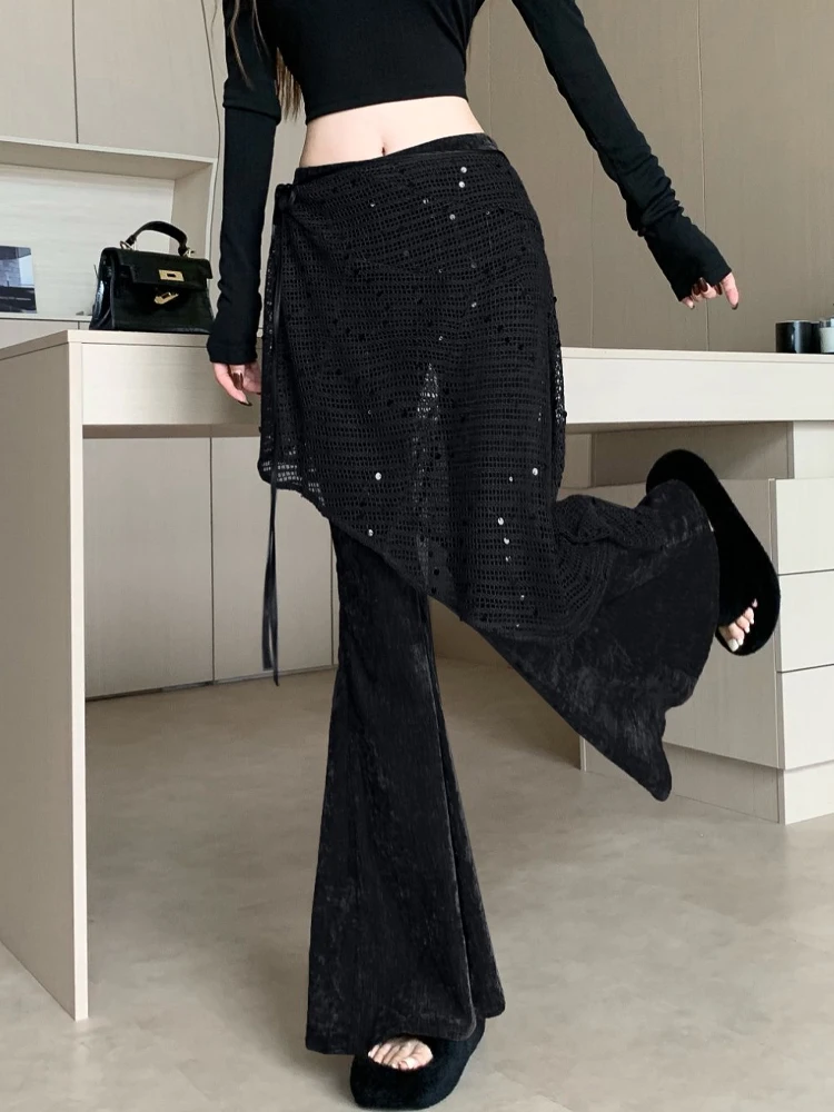 Women's autumn and winter sequin fart curtain fake two high waisted slimming and floor dragging casual flared pants