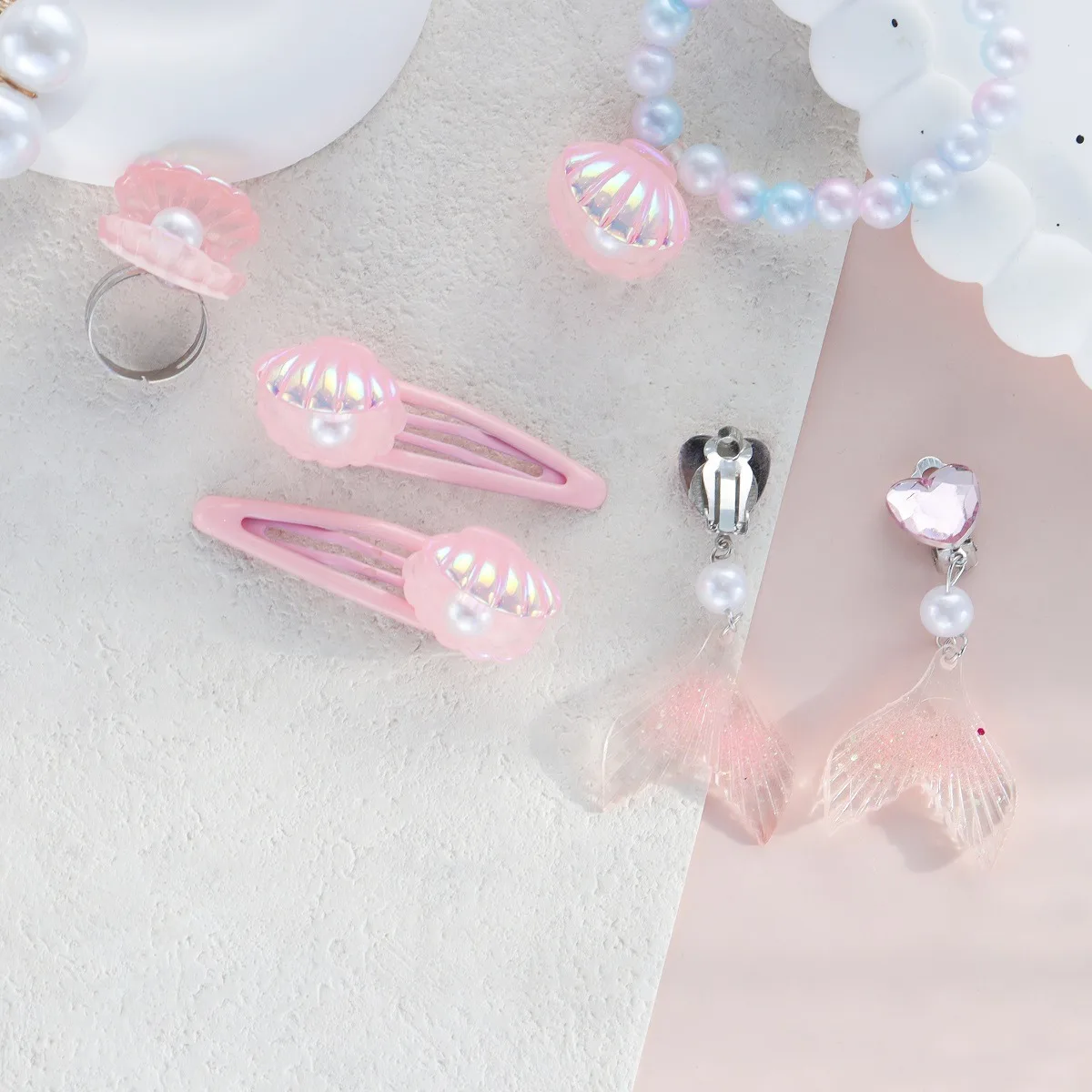 5 قطع طفل حورية البحر مجموعة للفتيات تقليد اللؤلؤ شل الأميرة اكسسوارات لطيف قلادة أقراط حلقة سوار مشبك شعر هدية