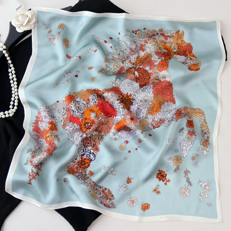 

Шелковый платок 100% натуральный, женский, с цветочным и конным принтом, квадратный, маленький, 53 см, для головы, шеи, как бандана, хиджаб, шейный платок, повязка на голову, шелковый фулярд