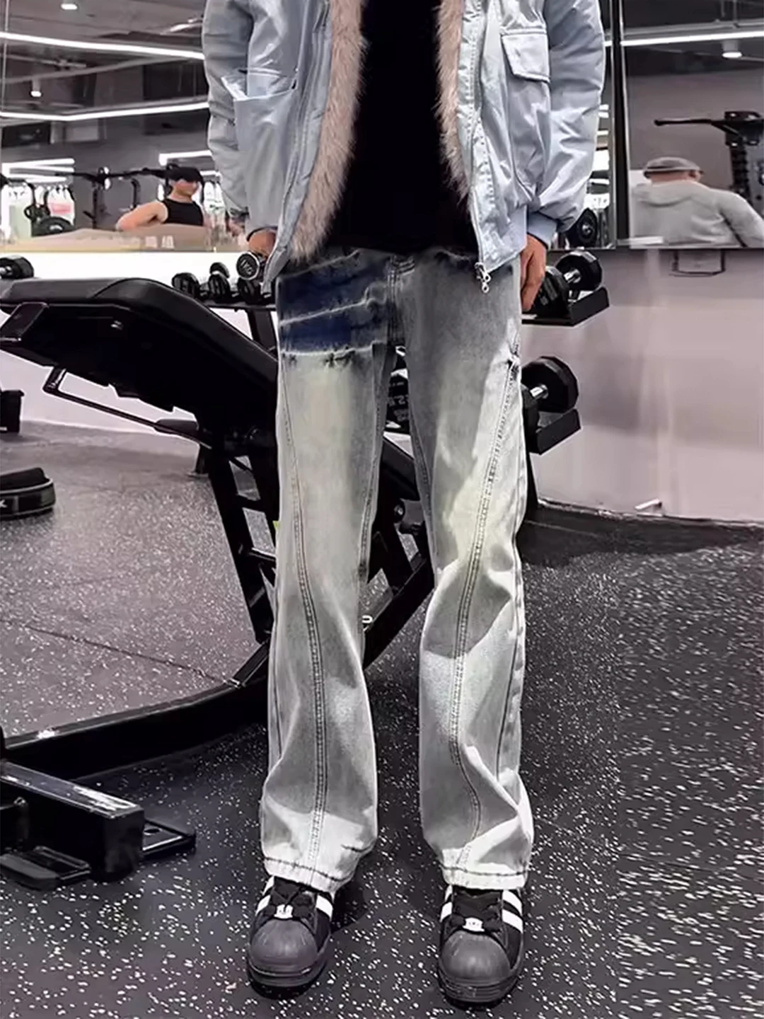 

Cleanfit American High Street Lightning Pattern Men's Jeans High Waist Slimming Micro Flared Straight Leg Trousers for Autumn...