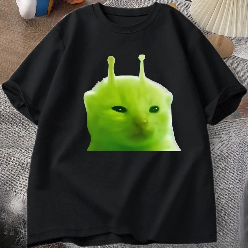 Green Alien Cat T Shirt Women Men Cat Meme Tee Glorp Gnarp Cat Brainrot Tshirt Silly Cute T-Shirt Loose Cotton Short Sleeve Tops