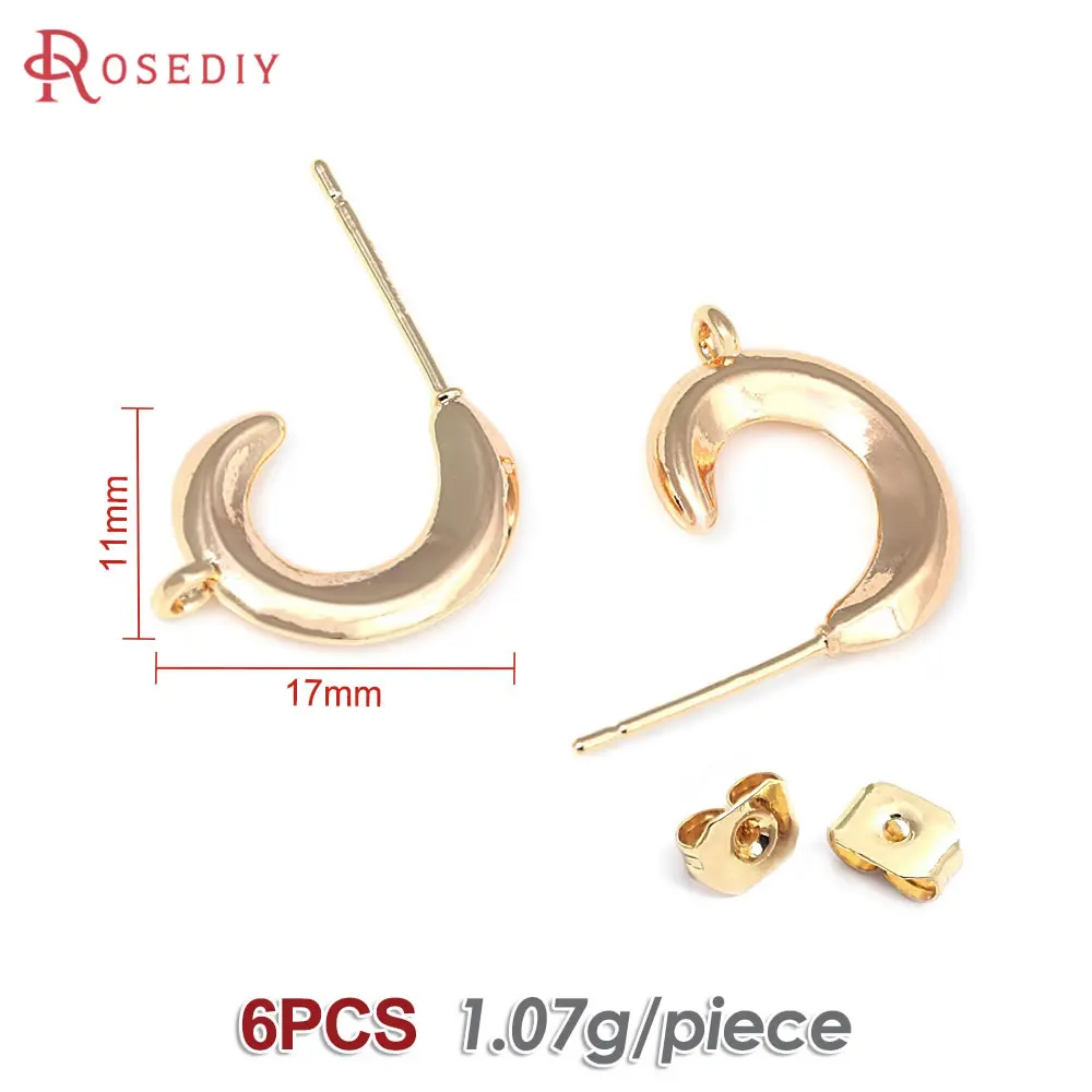 6PCS 18K Gold Color Brass Curve Stud Earrings Pins Earrings High Quality Jewelry Making Supplies Earrings Accessories for Women