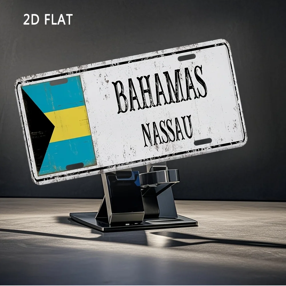 2D Flat, [JIT] 2D Flat Vintage Bahamas Nassau Signage - 30x15cm Blue and Yellow Flag Design for Home, Garage, Bar or Men's Cave