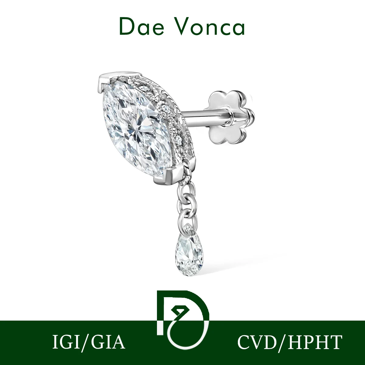 

Single Teardrop Marquise Diamond Threaded Stud Earring CVD/HPHT 9K/14K/18K White Gold Lab Grown Diamond Dangle Earring