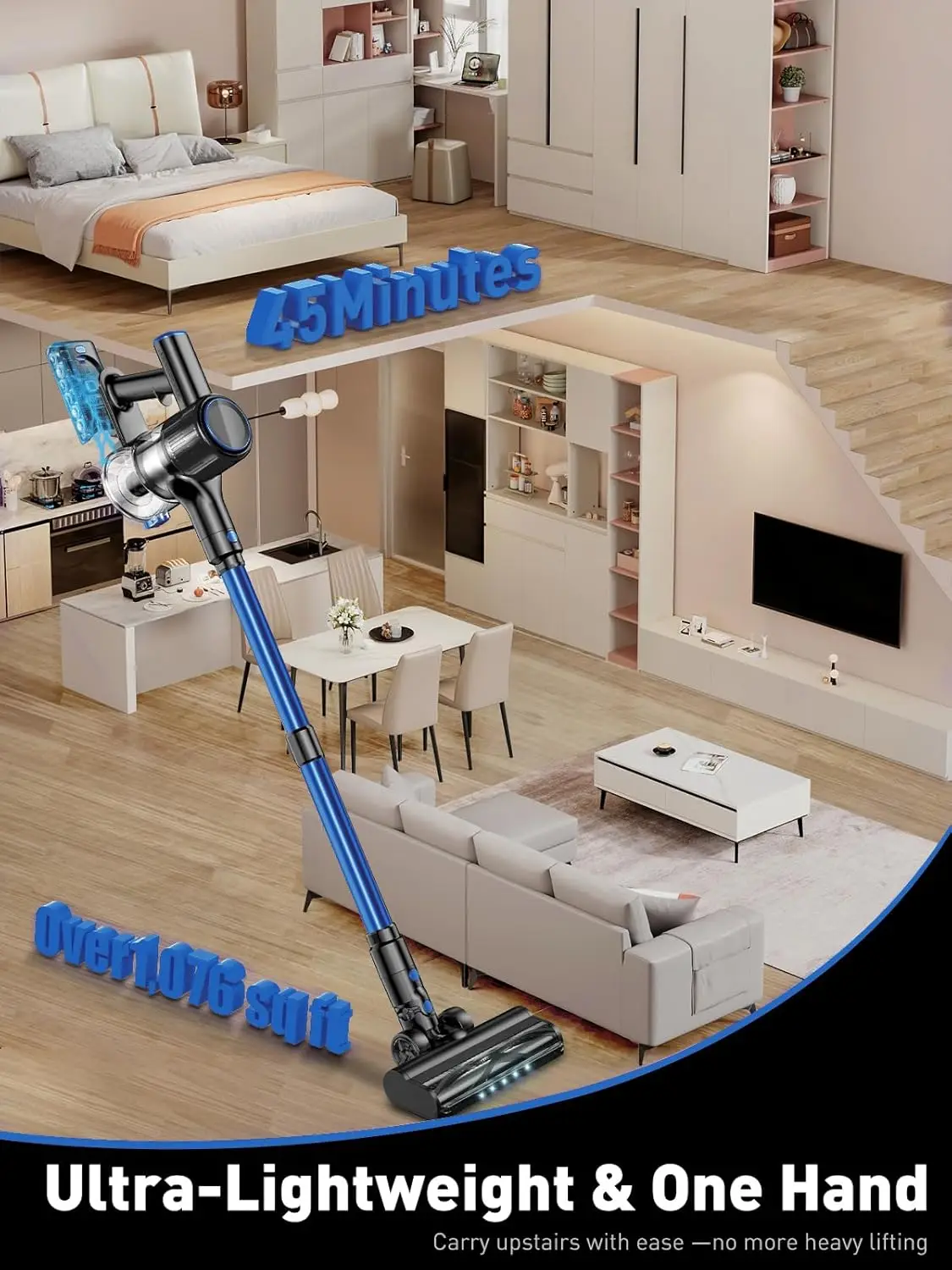 مكنسة كهربائية لاسلكية، مكنسة كهربائية 8 في 1 مع شفط قوي 40 كيلو باسكال، مكانس كهربائية خفيفة الوزن وقت التشغيل 45 دقيقة للمنزل