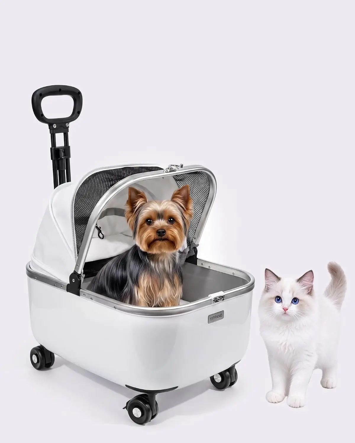 Rolling Cat Carrier Featuring Wheels and a Hard Shell in White