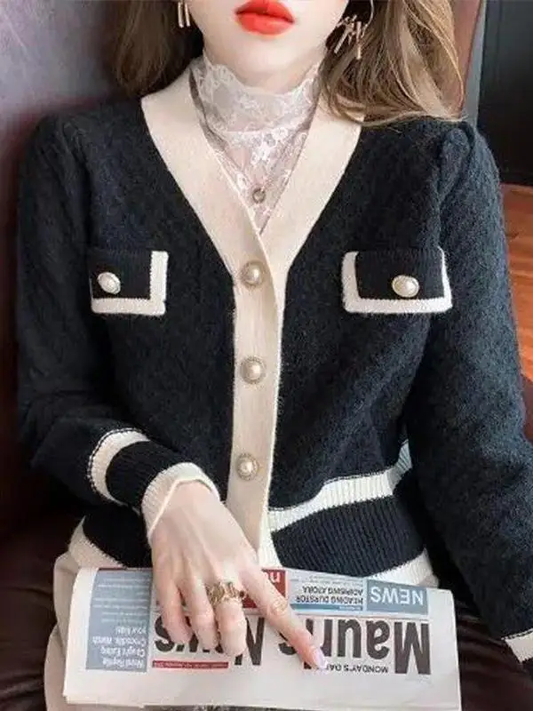 Retro Knitted Open Cardigan Women's Spring Autumn New Style Sweater Trendy Color Block V-neck Versatile Top Breathable Skin-f...