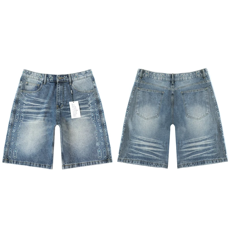 

New High-quality Men's Women's VALE Denim Shorts American Style Street Fashion Brand Distressed Glittering Rhinestones Jeans