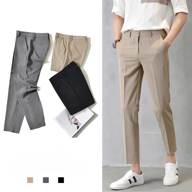 Pantalones de nueve puntos caqui negro blanco, moda clásica, Color sólido, Pantalones rectos, pantalones casuales delgados, pantalones diarios, primavera, verano, 28-34