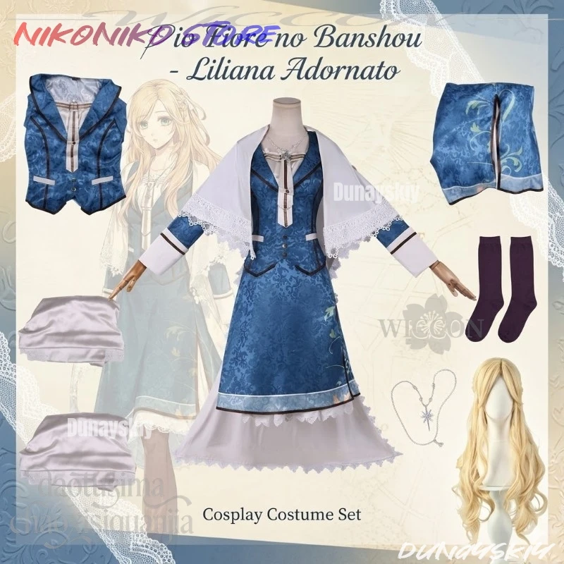 

Anime Game Pio Fiore No Banshou Cosplay Liliana Adornato Costume Court Style Blue Dark Patterned Long Dress Classical Lolita Cos
