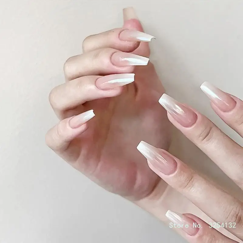 Stick On Nails Long Coffin Press on Nails Pink and White False Nail DIY Nails Art Decoration for Various Occasion