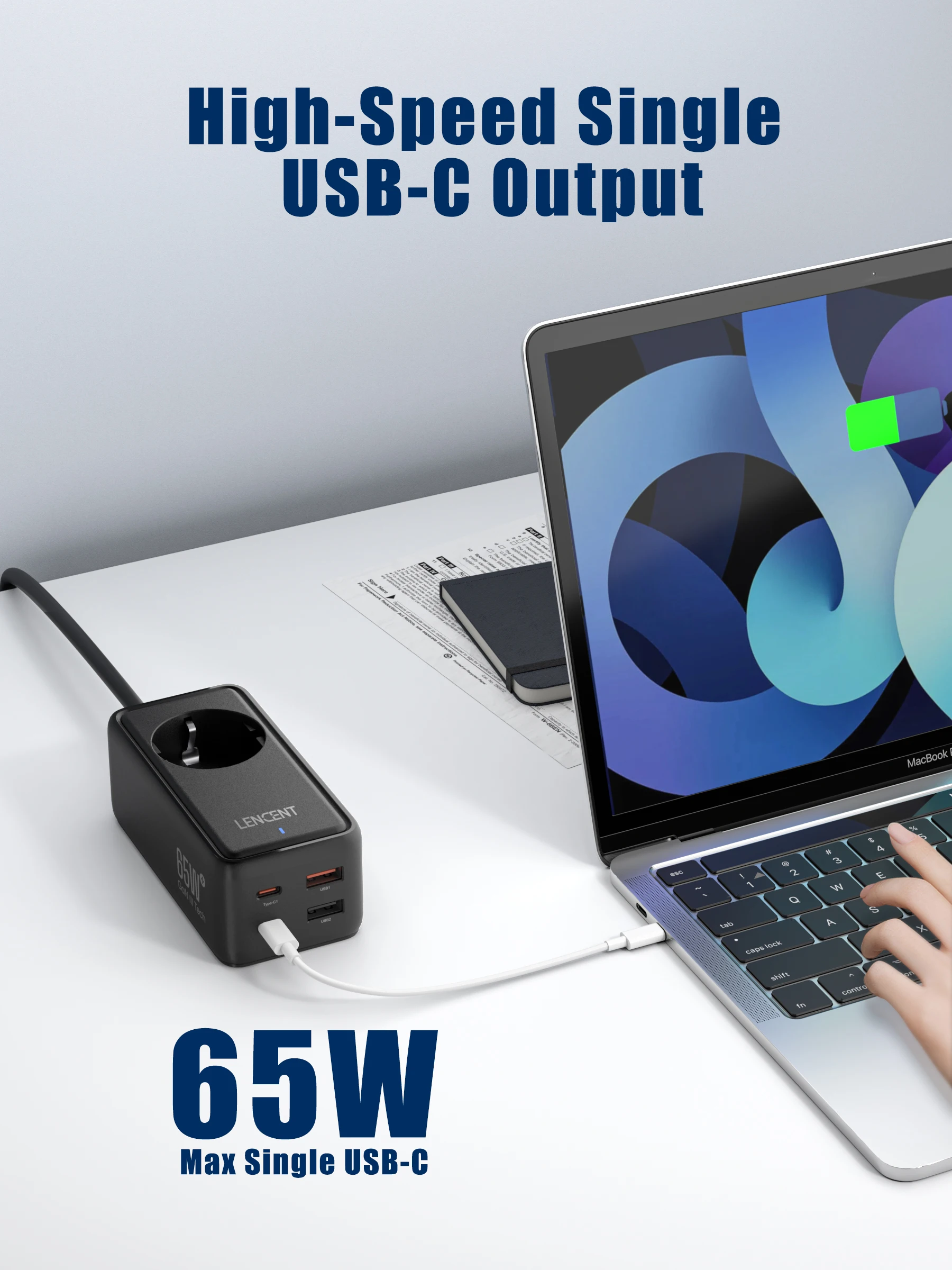 LENCENT 65W GaN3 Desktop Fast Charger Power Strip with 1AC 2 USB 2 Type C 1.5M Cable 5 in 1 Charger For iPhone Xiaomi Samsung