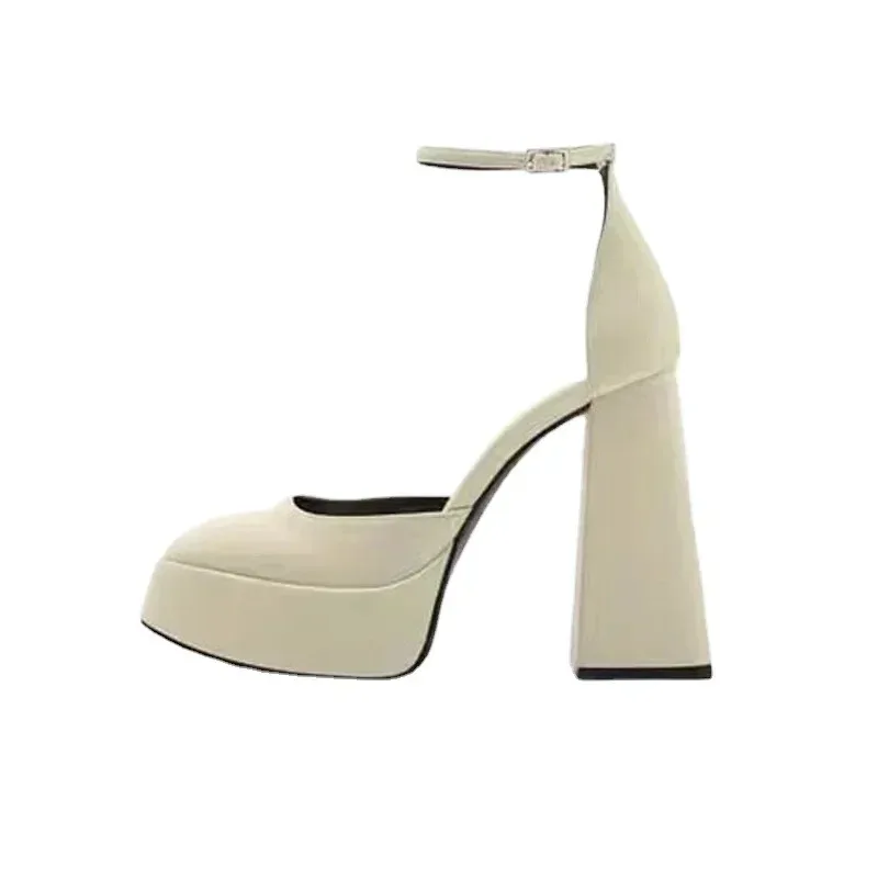 Zapatos elegantes de tacón alto para mujer, calzado Sexy con correa en el tobillo, con plataforma, color blanco y negro, para fiesta, 2023
